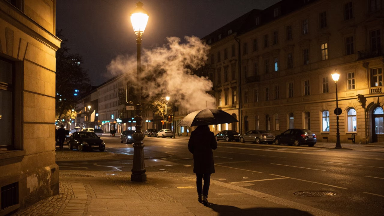 Late Night Berlin Street Scene with Umbrella and Steam from Kettle Lid in in Berlin, Germany
