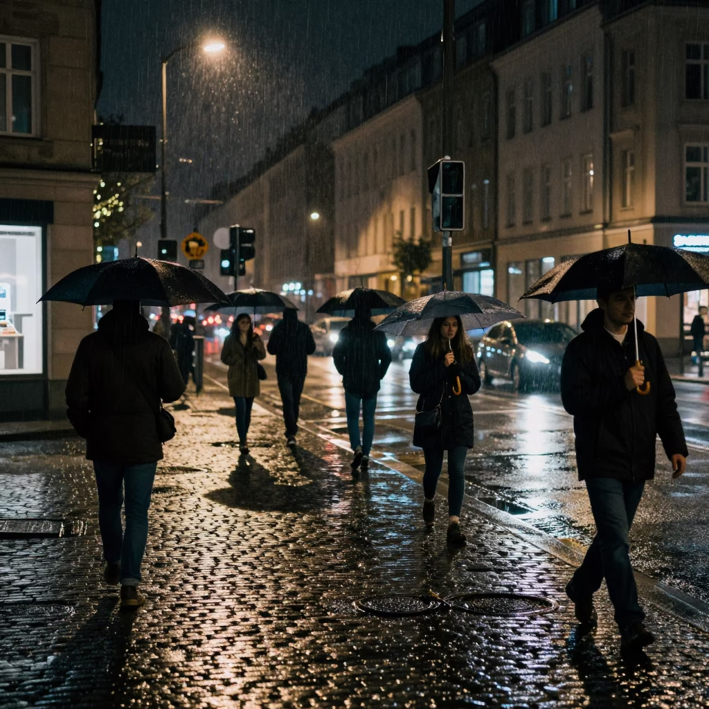 Late Night Berlin Street Scene with Umbrellas and Wet Pavement Reflections in in Berlin, Germany