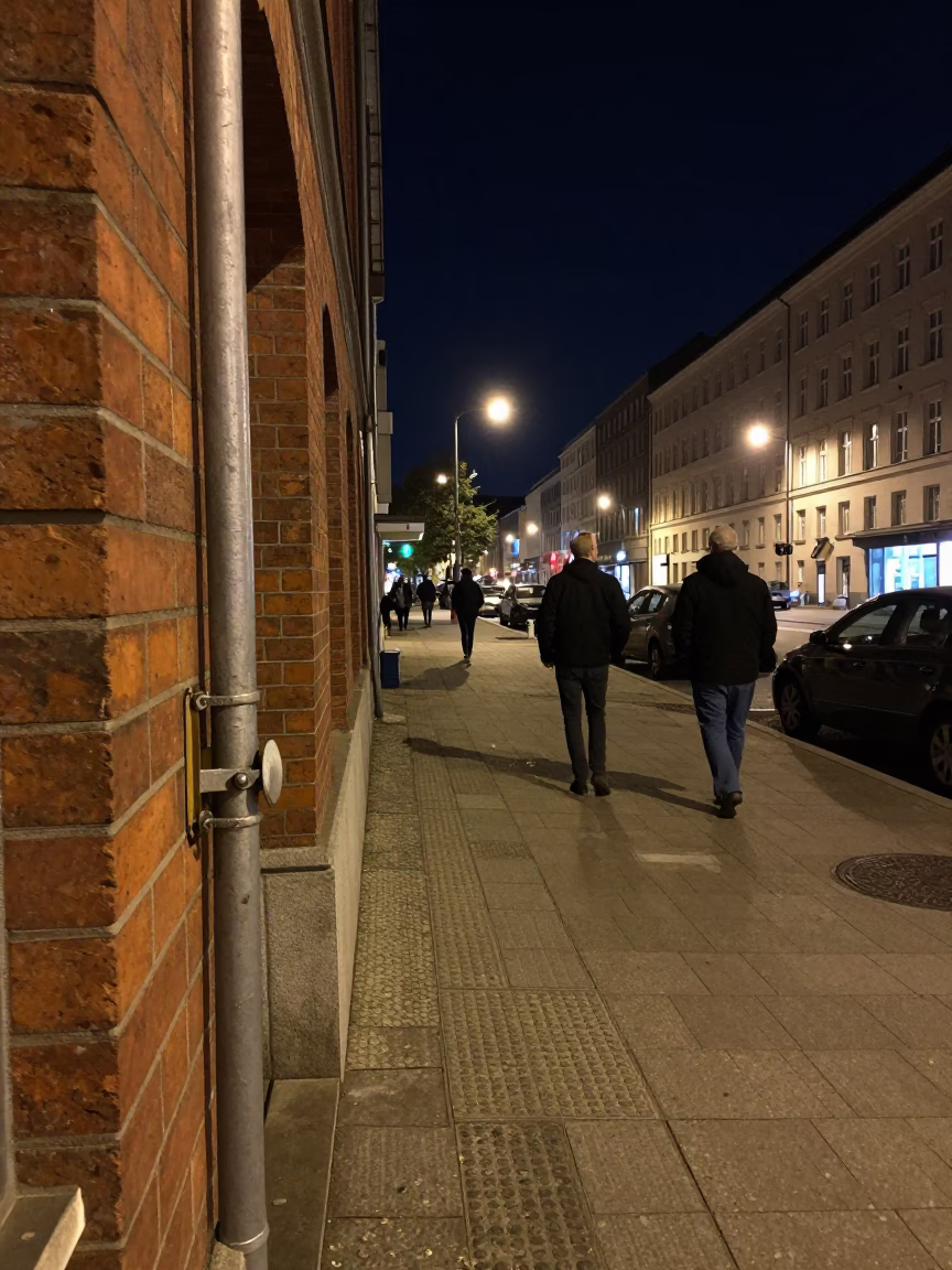 Late Night Berlin Street Scene with Urban Details and Night Sky in in Berlin, Germany