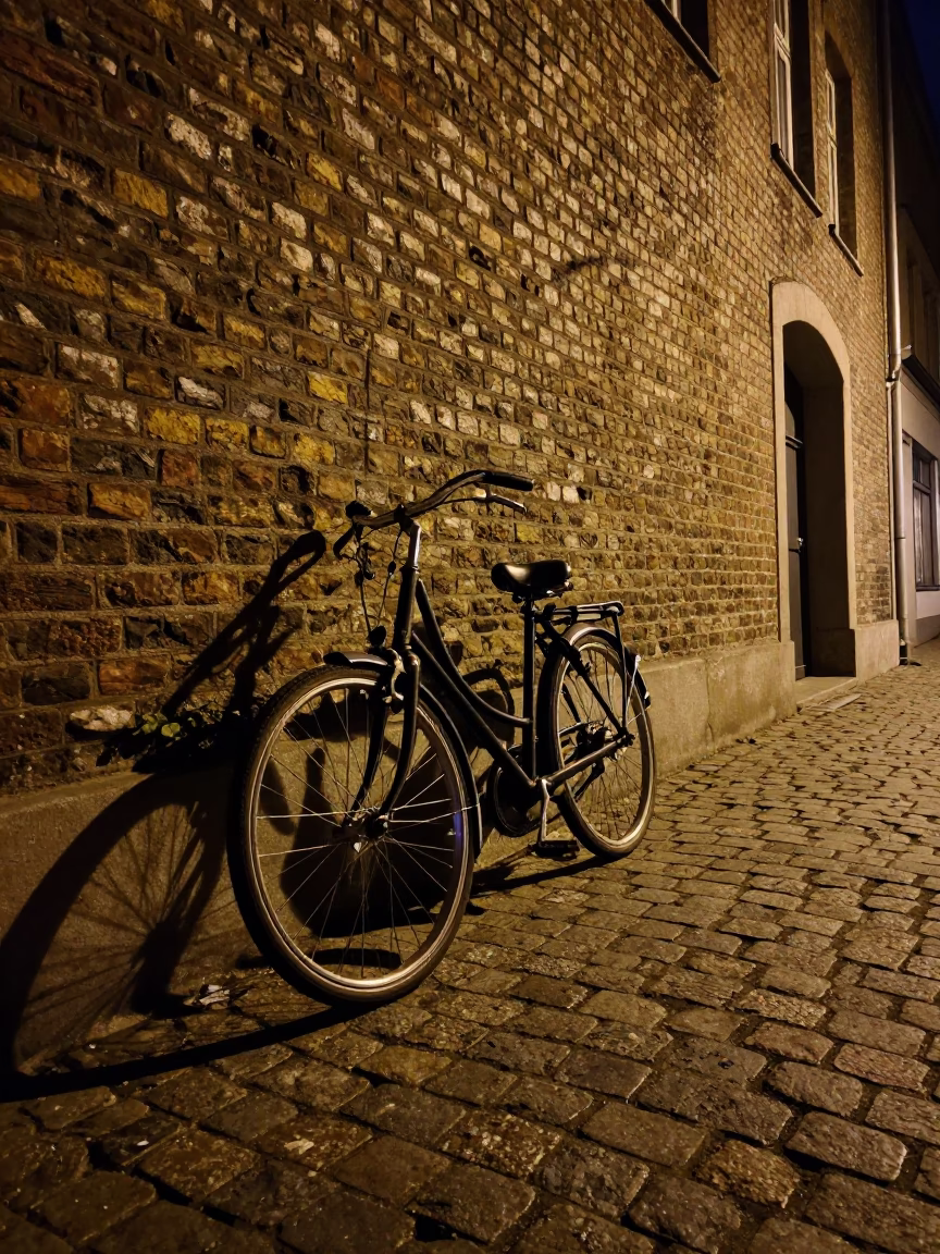 Late Night Berlin Street Scene with Vintage Bicycle and Cobblestone Architecture in in Berlin, Germany