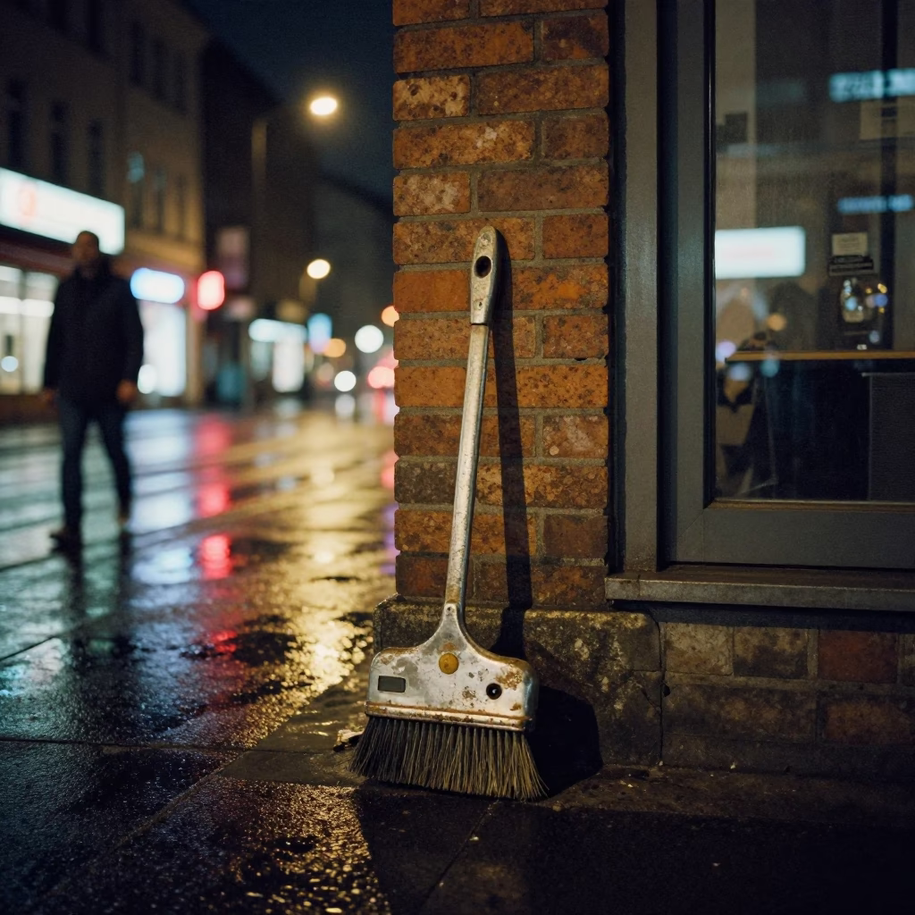 Late Night Berlin Street Scene with Vintage Coat Brush and Urban Details in in Berlin, Germany