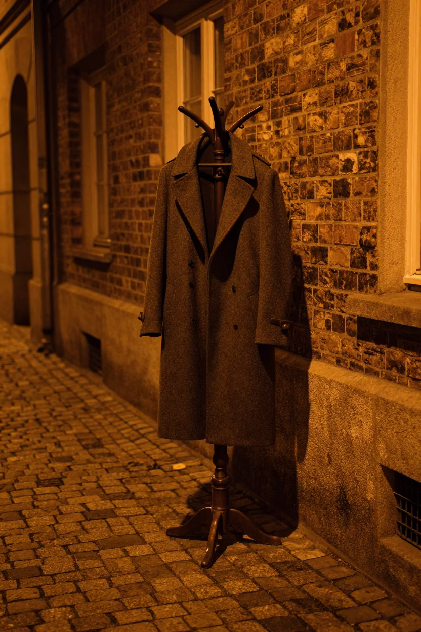 Late Night Berlin Street Scene with Vintage Coat Stand and Stool in Cobblestone Alley in in Berlin, Germany