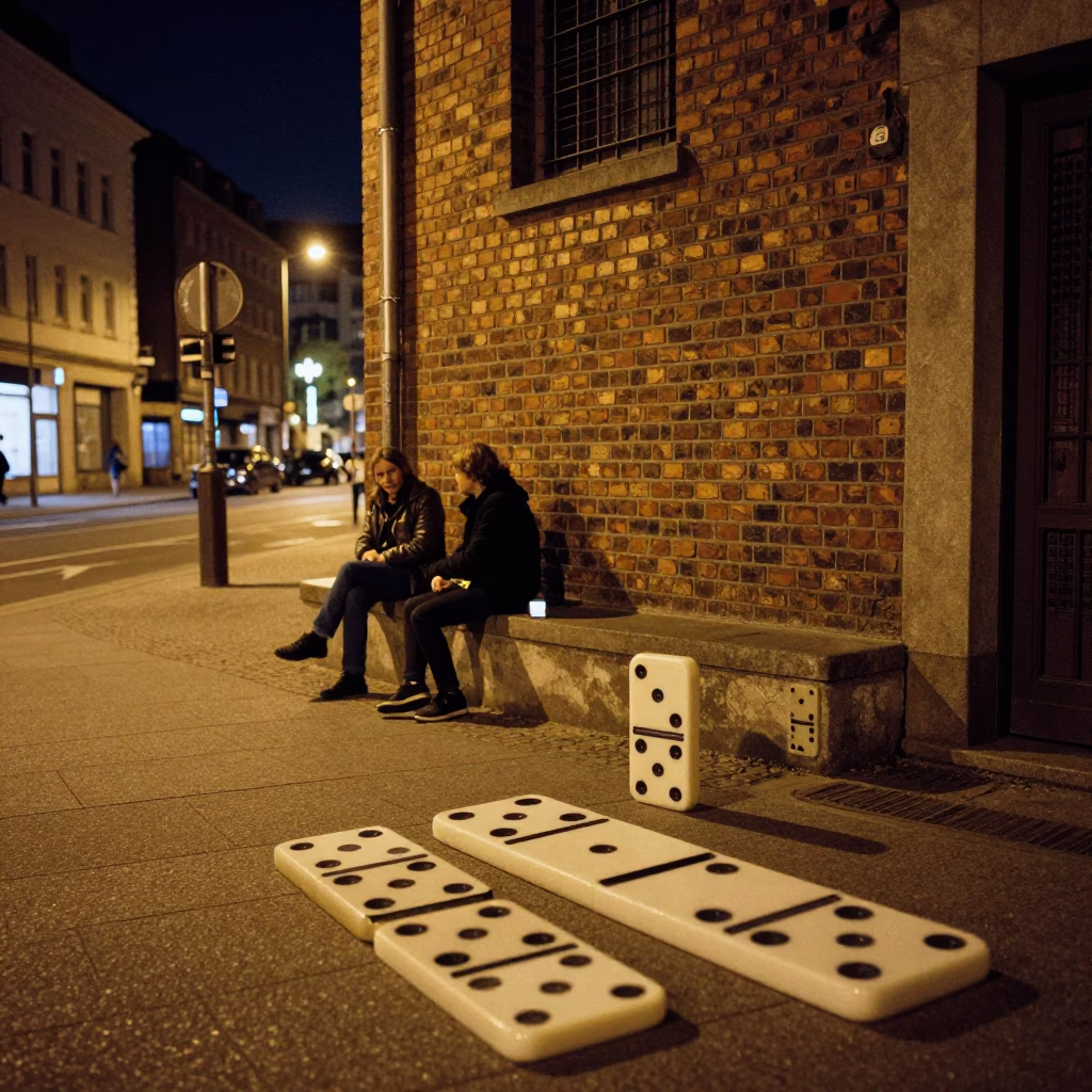 Late Night Berlin Street Scene with Vintage Dominoes and Empty Terracotta Pot in in Berlin, Germany