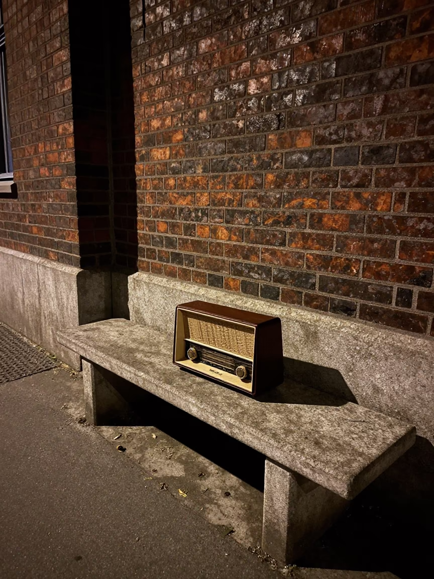 Late Night Berlin Street Scene with Vintage Radio and Colored Glass Bottle on Concrete in in Berlin, Germany