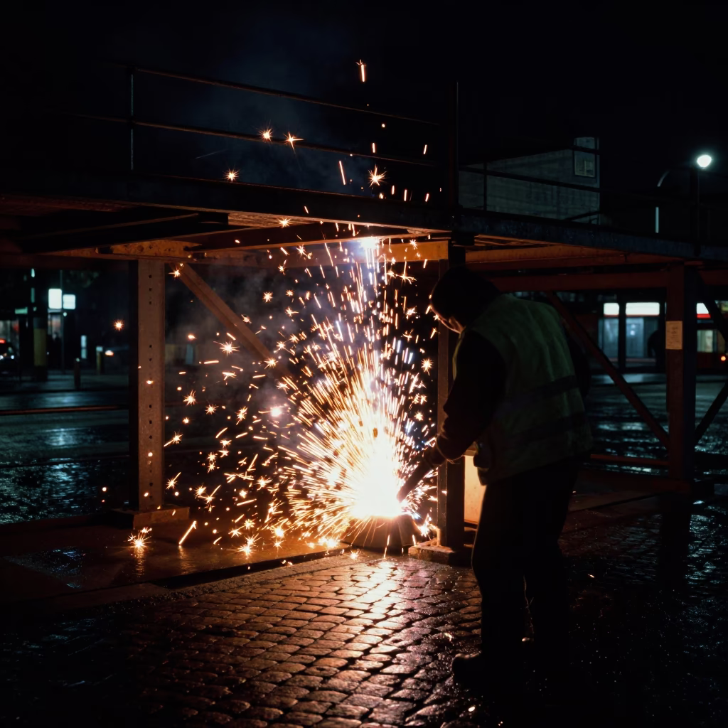 Late Night Berlin Street Scene with Welding Sparks Beneath Bridge Construction Platform in in Berlin, Germany