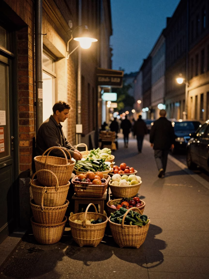 Late Night Berlin Street Scene with Woven Baskets and Urban Grit in in Berlin, Germany