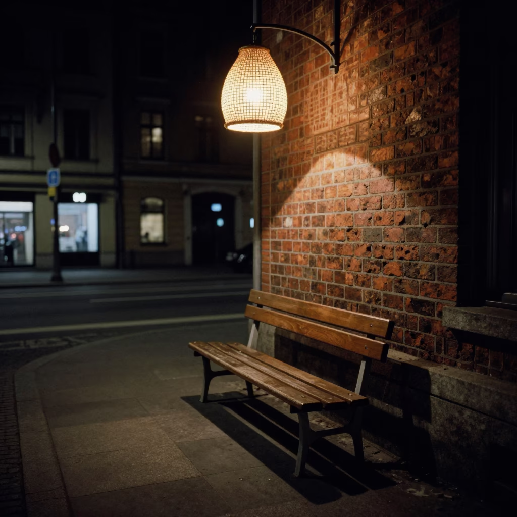 Late Night Berlin Street Scene with Woven Cane Light and Urban Objects in in Berlin, Germany