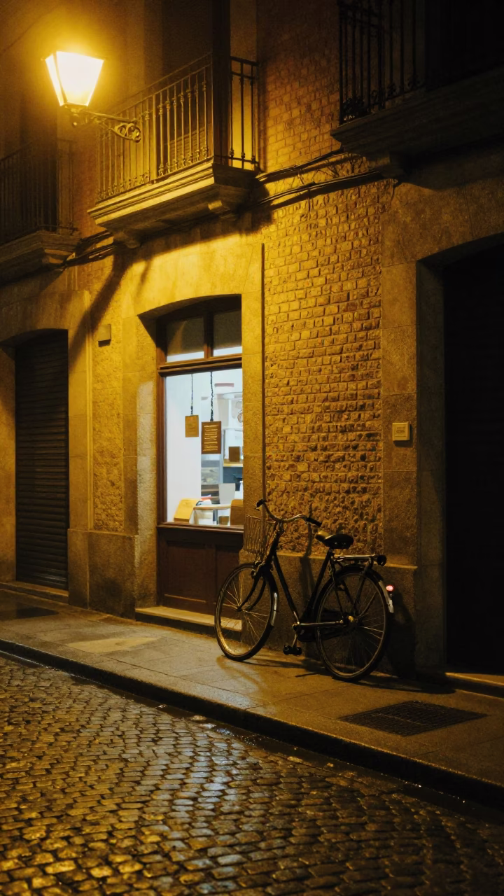 Late Night Bilbao Street Scene with Bicycle and Padlock Detail in in Bilbao, Spain