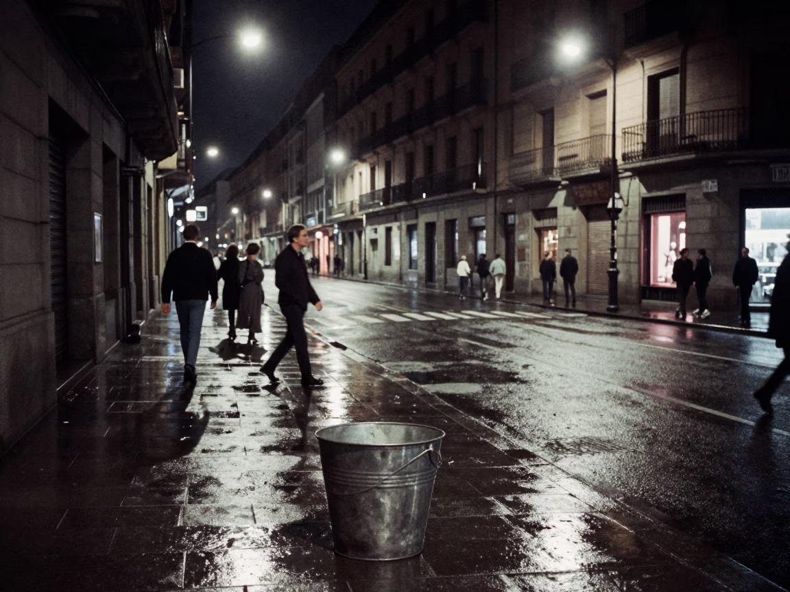 Late Night Bilbao Street Scene with Metal Bucket and Urban Activity in in Bilbao, Spain