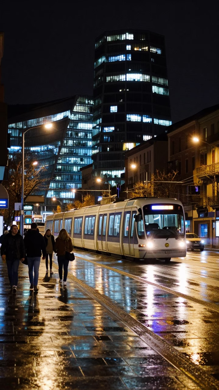 Late Night Bilbao Street Scene with Monorail Reflection and Urban Details in in Bilbao, Spain