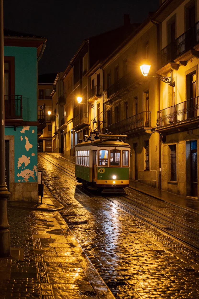 Late Night Bilbao Street Scene with Peeling Turquoise Paint and Tram on Steep Hill in in Bilbao, Spain
