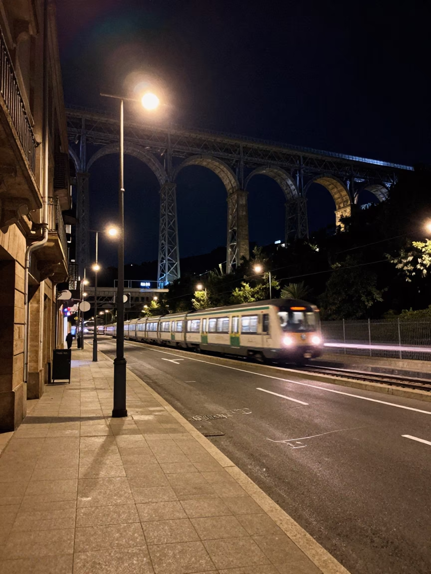 Late Night Bilbao Street Scene with Railway Viaduct and Steam Pipes at Night in in Bilbao, Spain