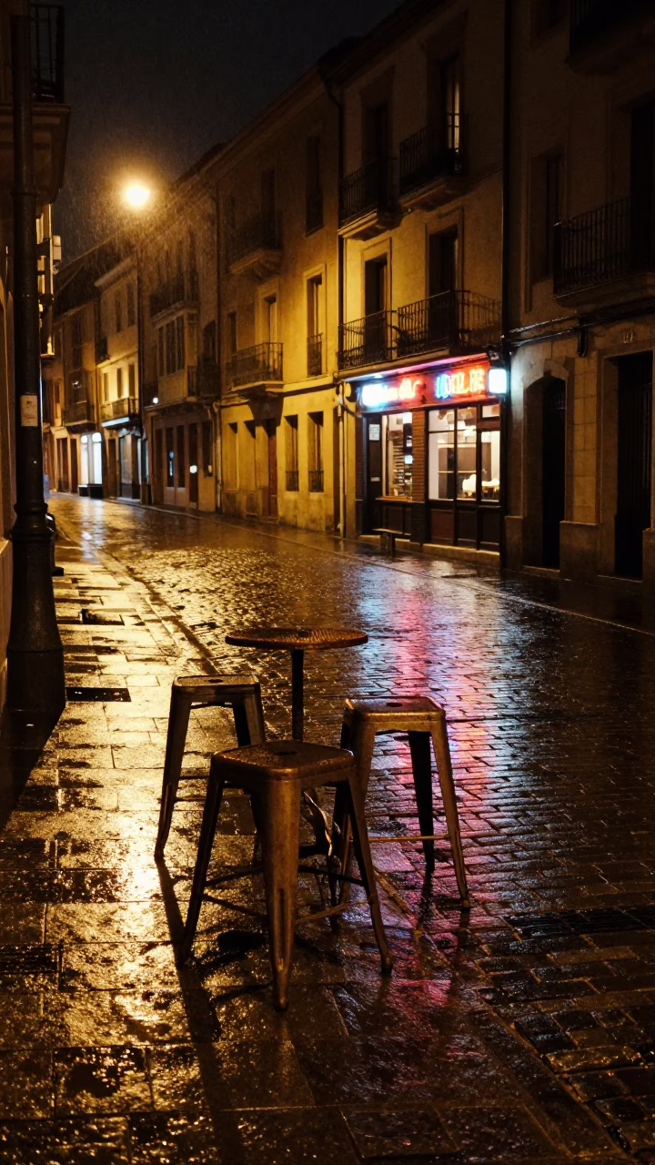 Late Night Bilbao Street Scene with Rustic Metal Stools and Urban Details in in Bilbao, Spain