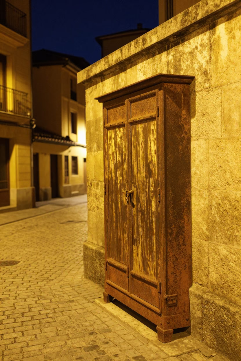 Late Night Bilbao Street Scene with Rusty Cabinet and Paint Flecks in in Bilbao, Spain