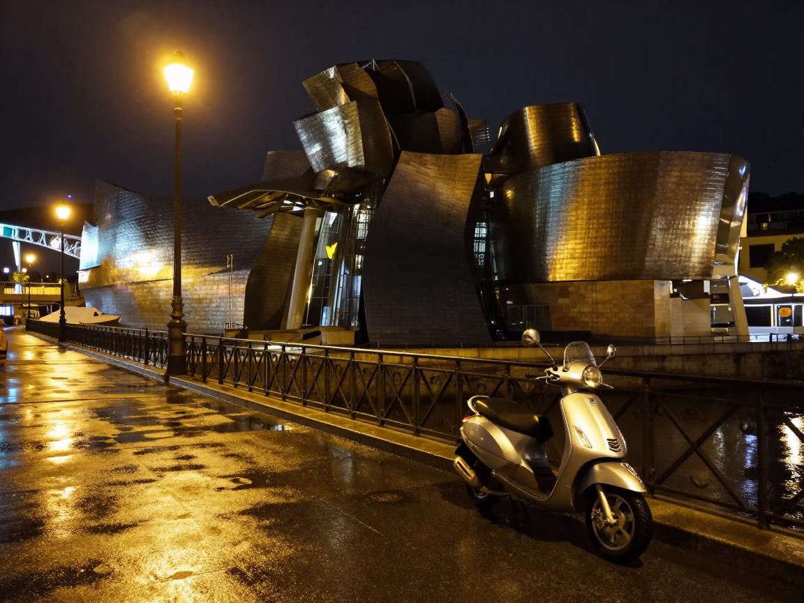 Late Night Bilbao Street Scene with Scooter and Parson Russell Terrier in in Bilbao, Spain