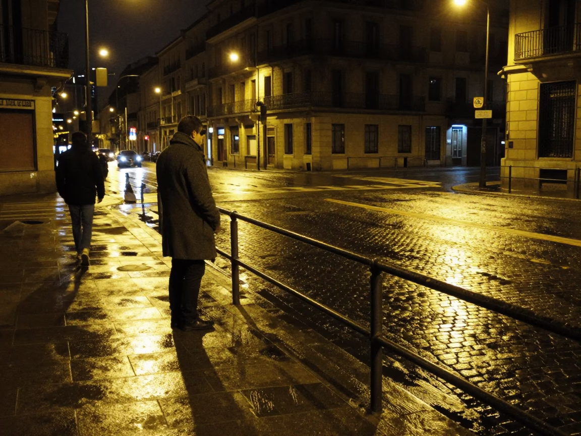 Late Night Bilbao Street Scene with Scratched Rail and Leaf Shadows in in Bilbao, Spain