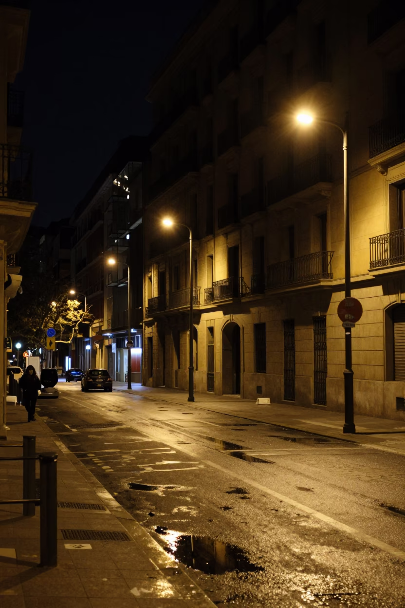 Late Night Bilbao Street Scene with Sodium Lights and Rain Puddles in in Bilbao, Spain