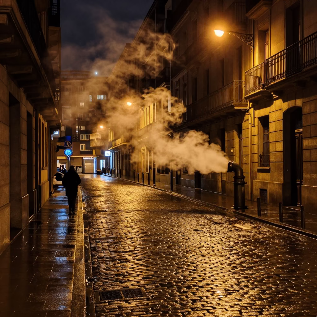 Late Night Bilbao Street Scene with Steam and Urban Details in in Bilbao, Spain