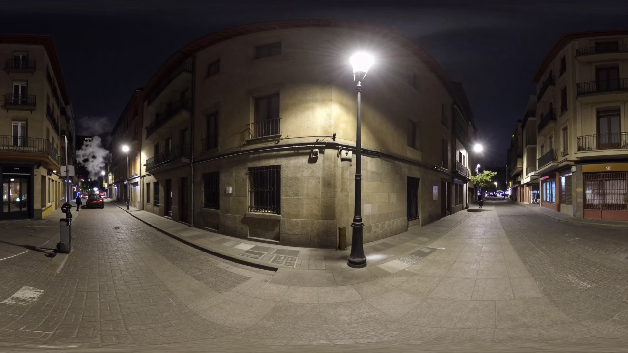 Late Night Bilbao Street Scene with Steaming District Heating Pipe and Frost in in Bilbao, Spain