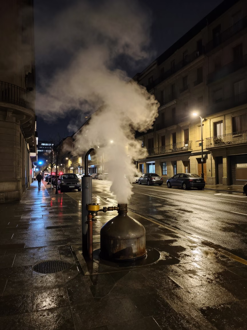 Late Night Bilbao Street Scene with Steaming District Heating Pipe Behind Frost Fencing in in Bilbao, Spain