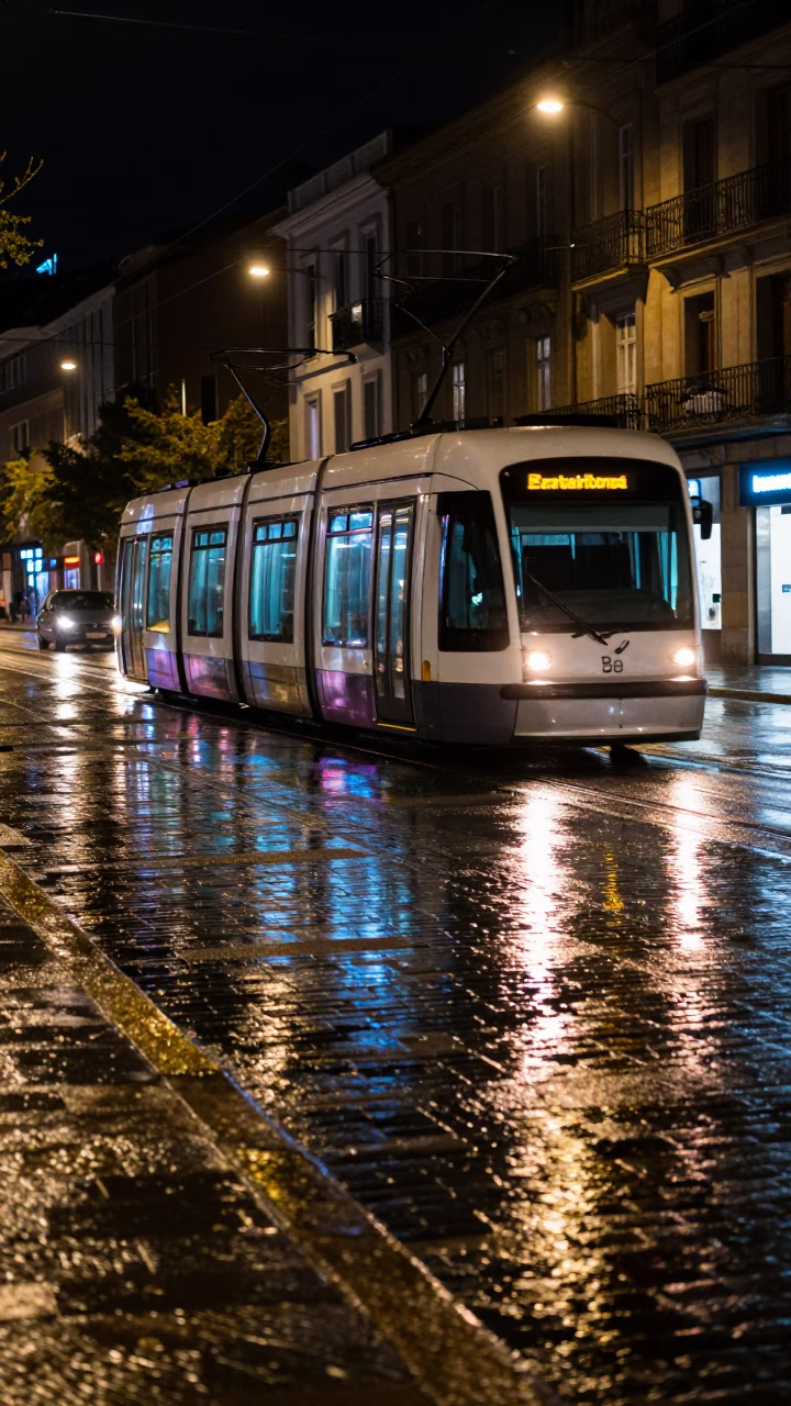 Late Night Bilbao Street Scene With Tram Reflections And Urban Cobblestones in in Bilbao, Spain