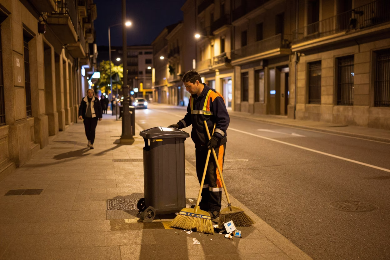 Late Night Bilbao Street Scene with Trash Brooms and Empty Bottle in in Bilbao, Spain