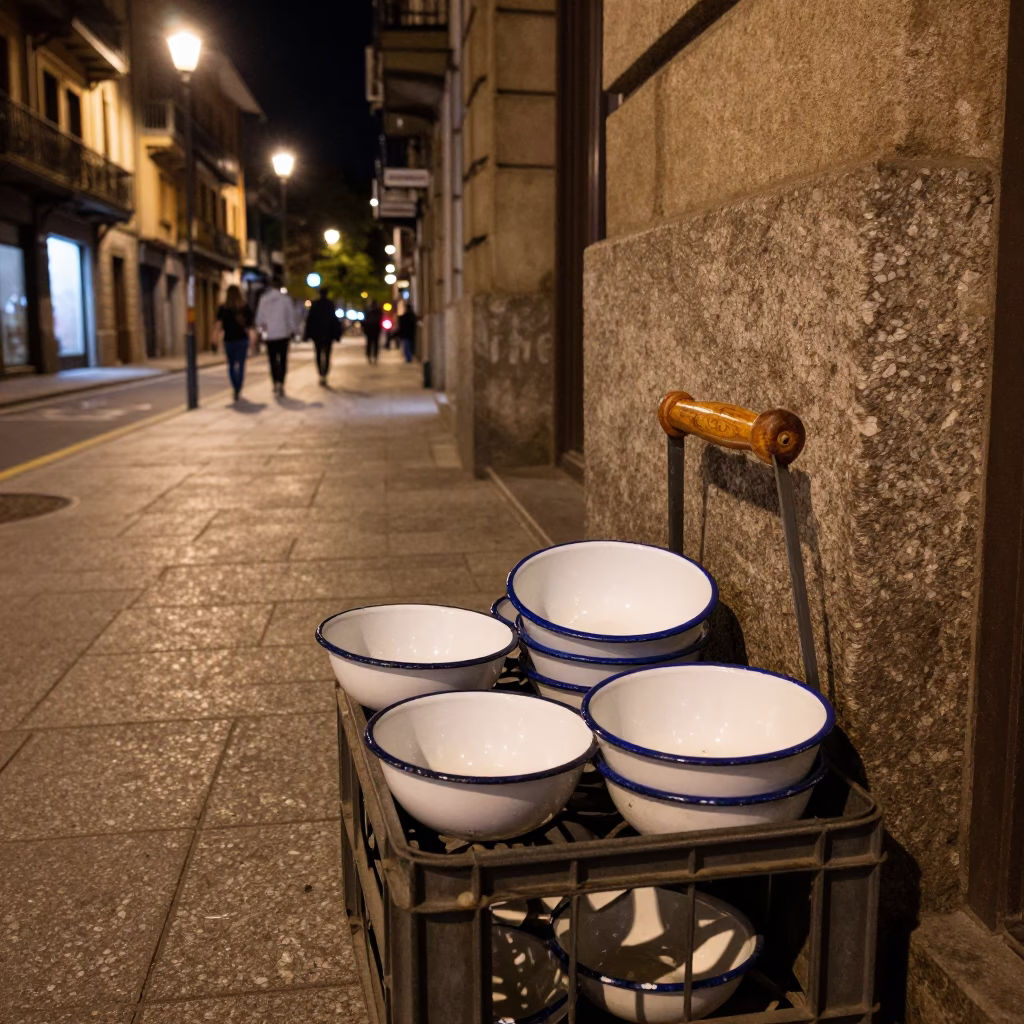 Late Night Bilbao Street Scene with Vintage Enamel Bowls and Garden Rake in in Bilbao, Spain