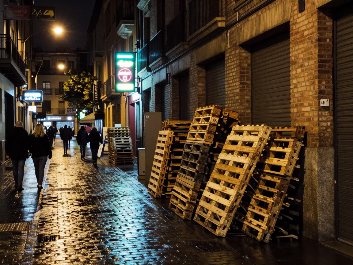 Late Night Bilbao Street Scene with Warehouse Aisle and Wicker Shadow in Spain in in Bilbao, Spain