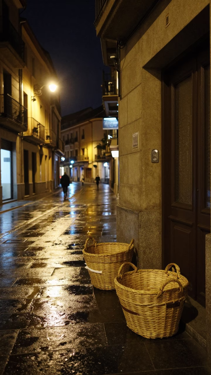 Late Night Bilbao Street Scene with Woven Baskets and Urban Reflections in in Bilbao, Spain