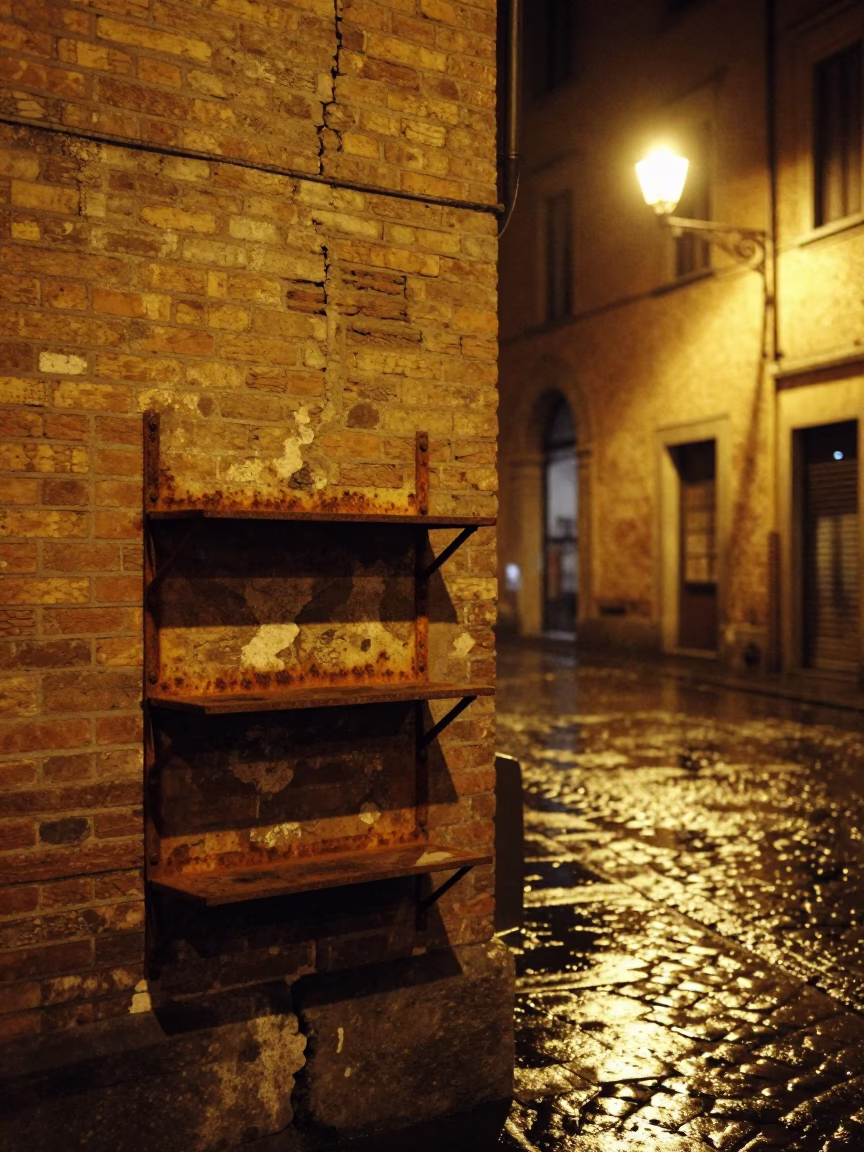 Late Night Bologna Italy Street Scene with Rusty Shelf and Brush in in Bologna, Italy
