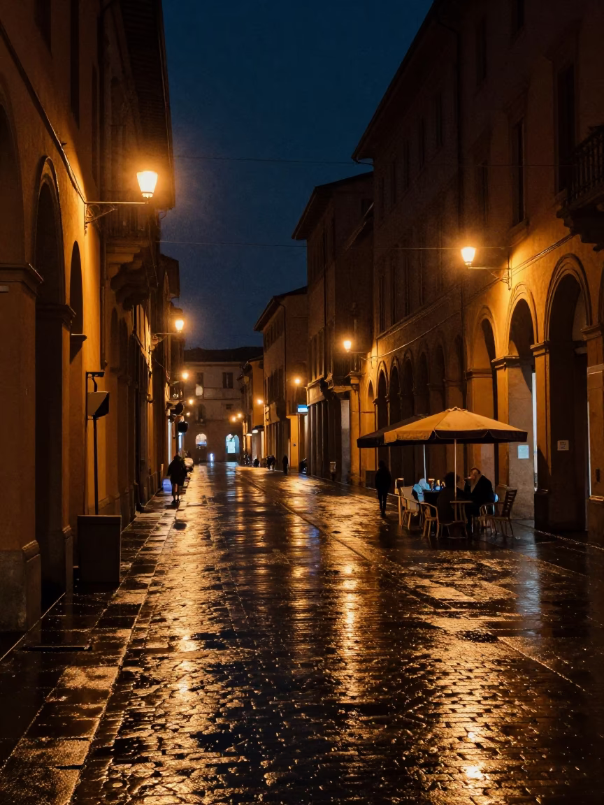 Late Night Bologna Italy Street Scene with Umbrellas and Vintage Urban Details in in Bologna, Italy