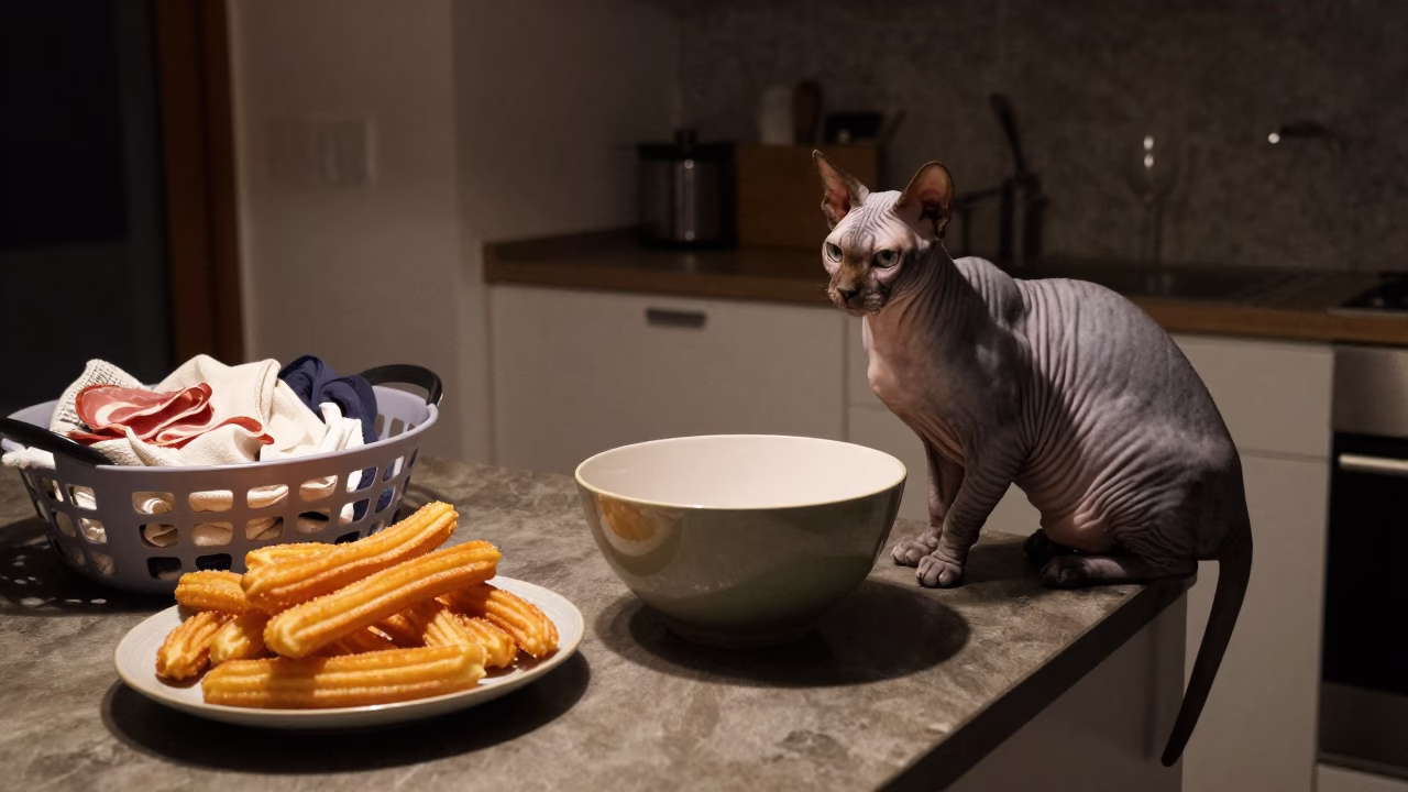 Late Night Bologna Kitchen Scene with Churros and Sphynx Cat in in Bologna, Italy