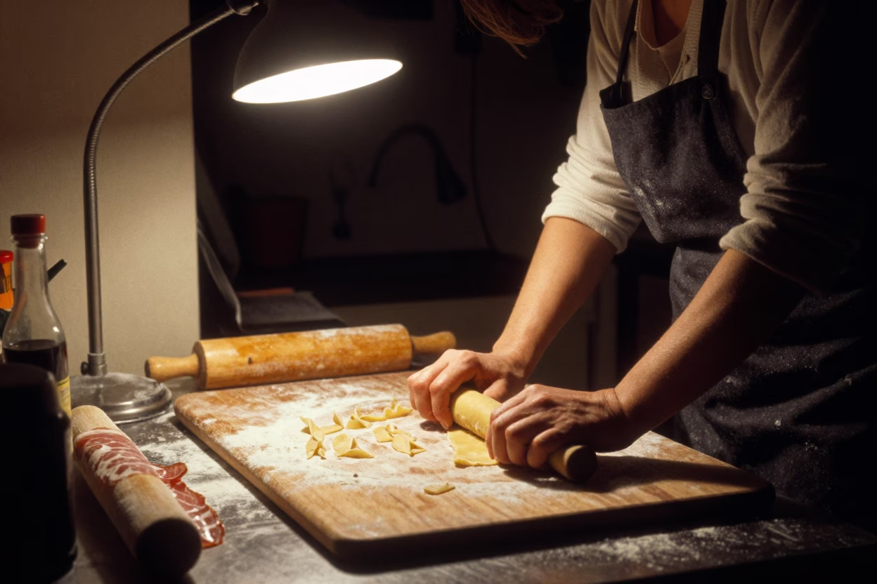 Late Night Bologna Kitchen Scene with Fresh Pasta and Copper Bowls in in Bologna, Italy