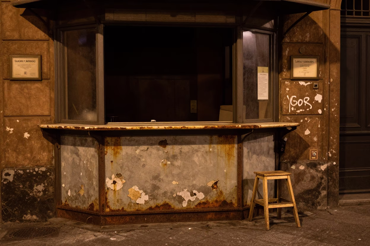 Late Night Bologna Street Corner with Rusty Counter and Broom Propped Against Wall in in Bologna, Italy