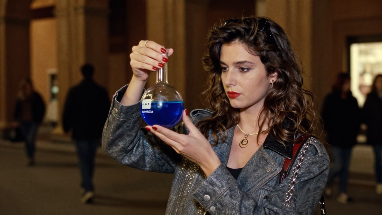 Late Night Bologna Street Fashion with Cobalt Blue Chemicals and Soap Residue in in Bologna, Italy