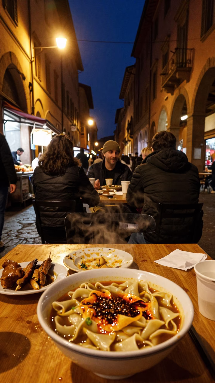 Late Night Bologna Street Food Scene with Tantanmen and Local Dining Culture in in Bologna, Italy