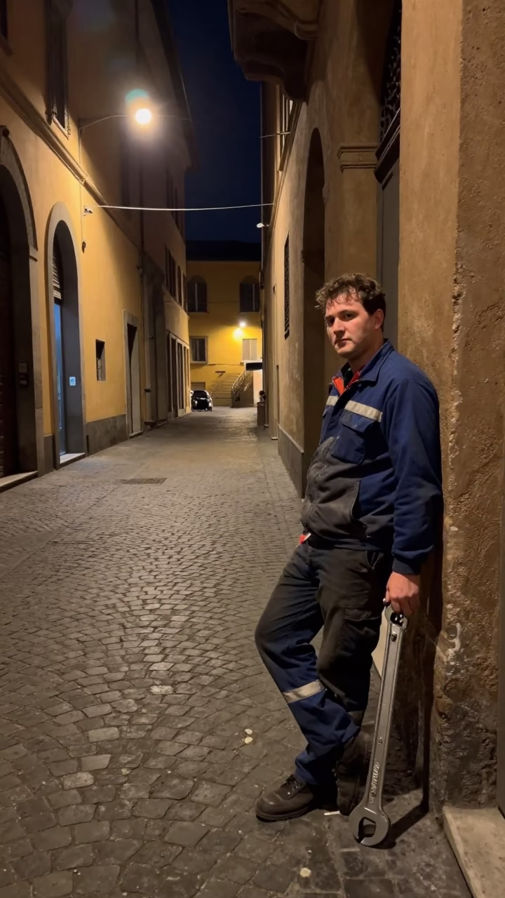 Late Night Bologna Street Scene with Adjustable Spanner and Brushed Steel Frame in in Bologna, Italy