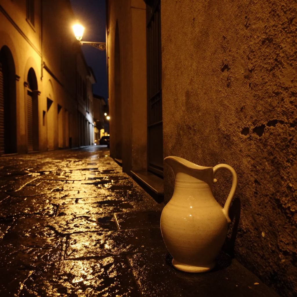 Late Night Bologna Street Scene with Ceramic Pitcher and Doorknob Details in in Bologna, Italy