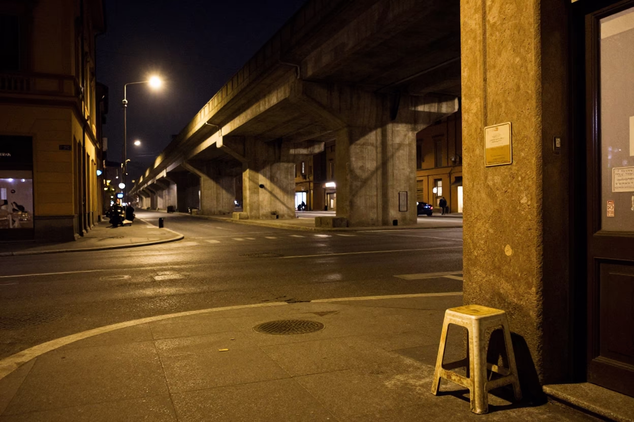 Late Night Bologna Street Scene with Concrete Viaduct and Work Stool in in Bologna, Italy