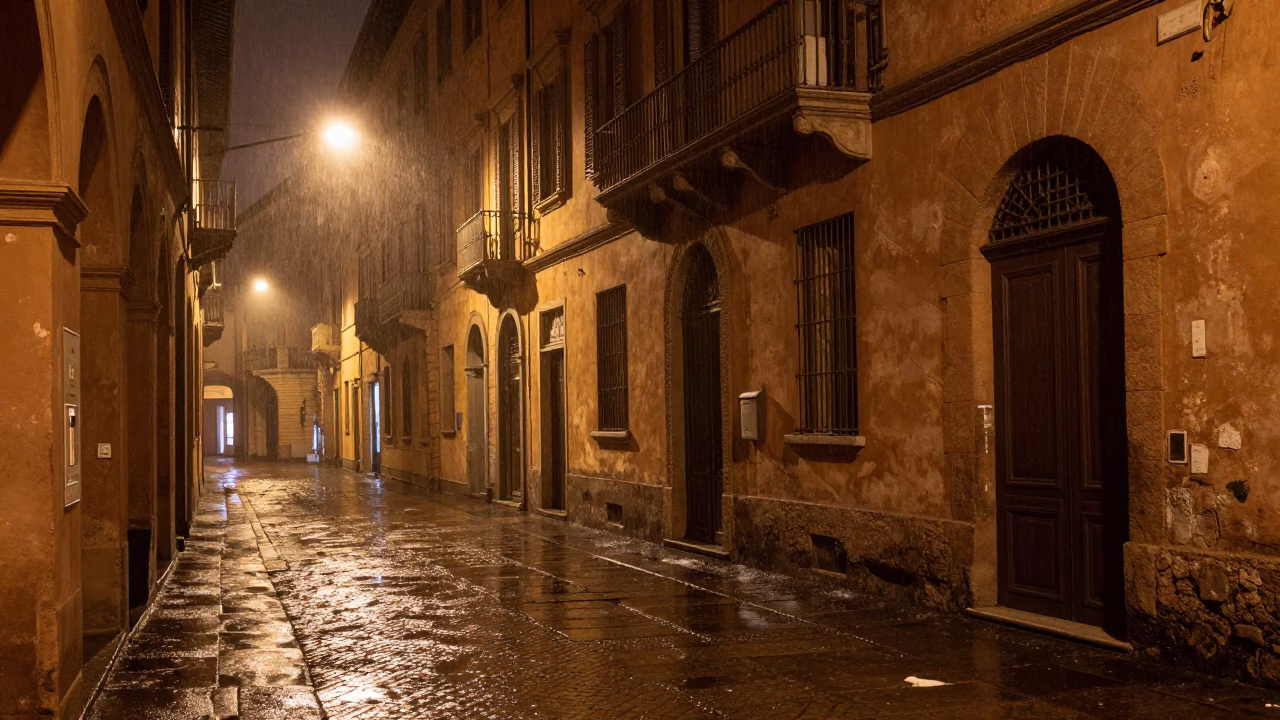 Late Night Bologna Street Scene with Condensation and Salt Shaker in in Bologna, Italy
