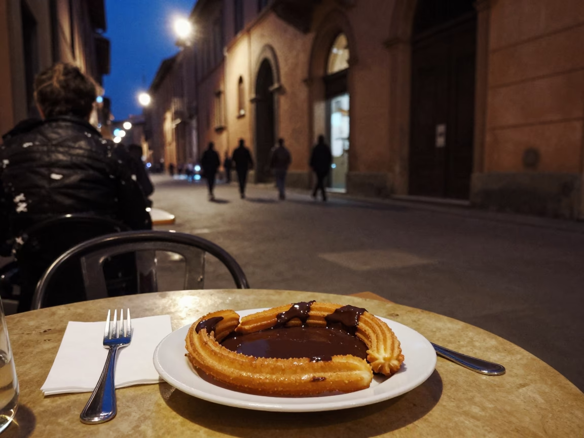 Late Night Bologna Street Scene with Cutlery and Churros in 1970s Italy in in Bologna, Italy