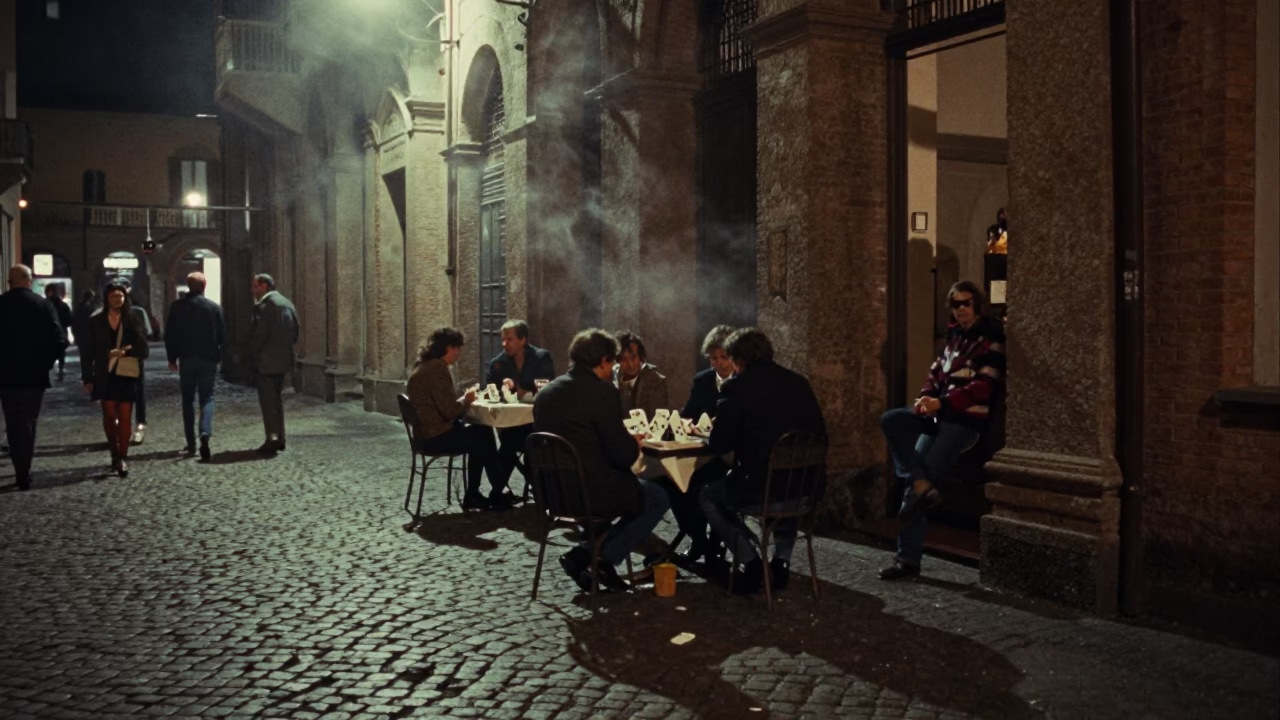 Late Night Bologna Street Scene with Dominoes and Condensation in Italy in in Bologna, Italy