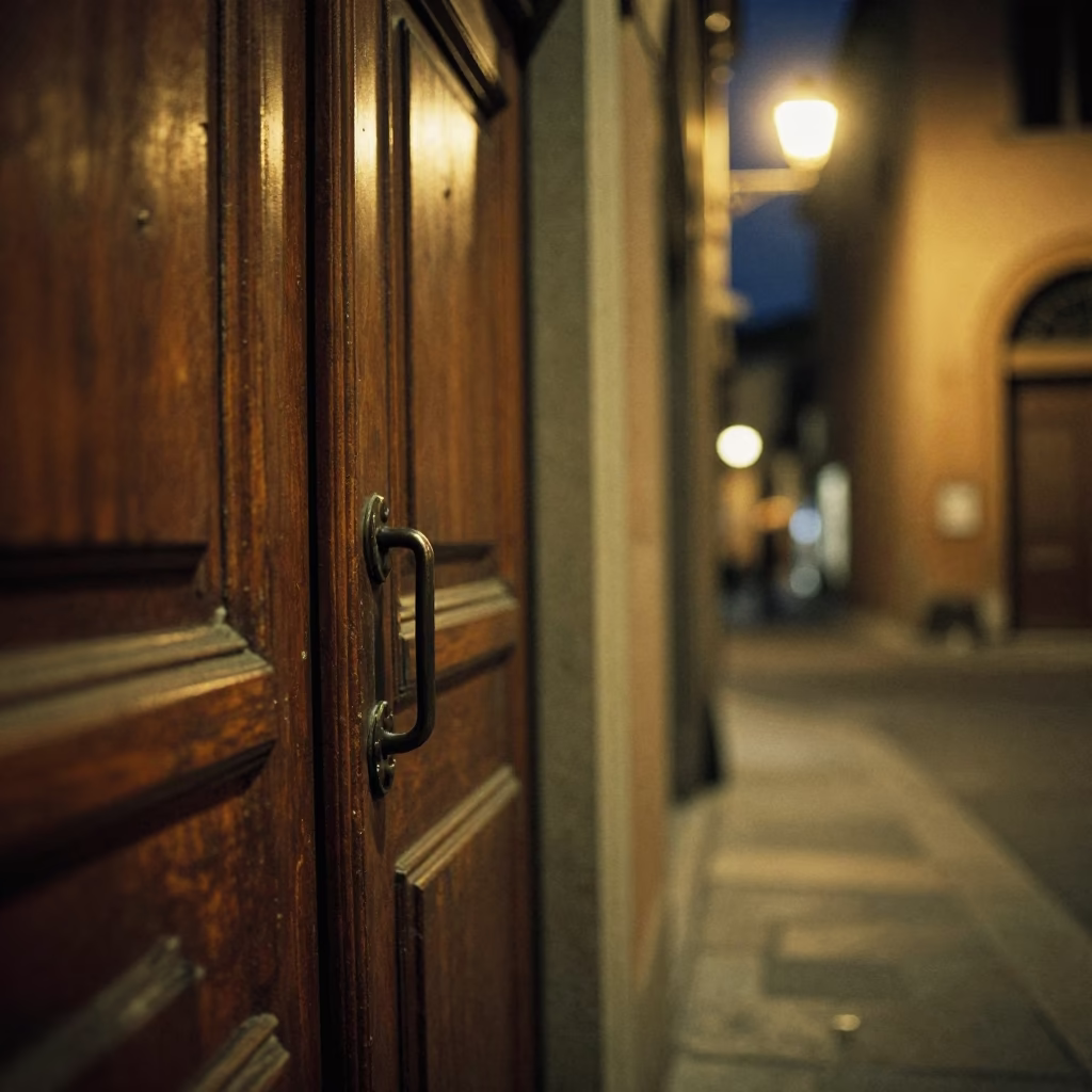 Late Night Bologna Street Scene with Door Handle and Paint Flecks in in Bologna, Italy