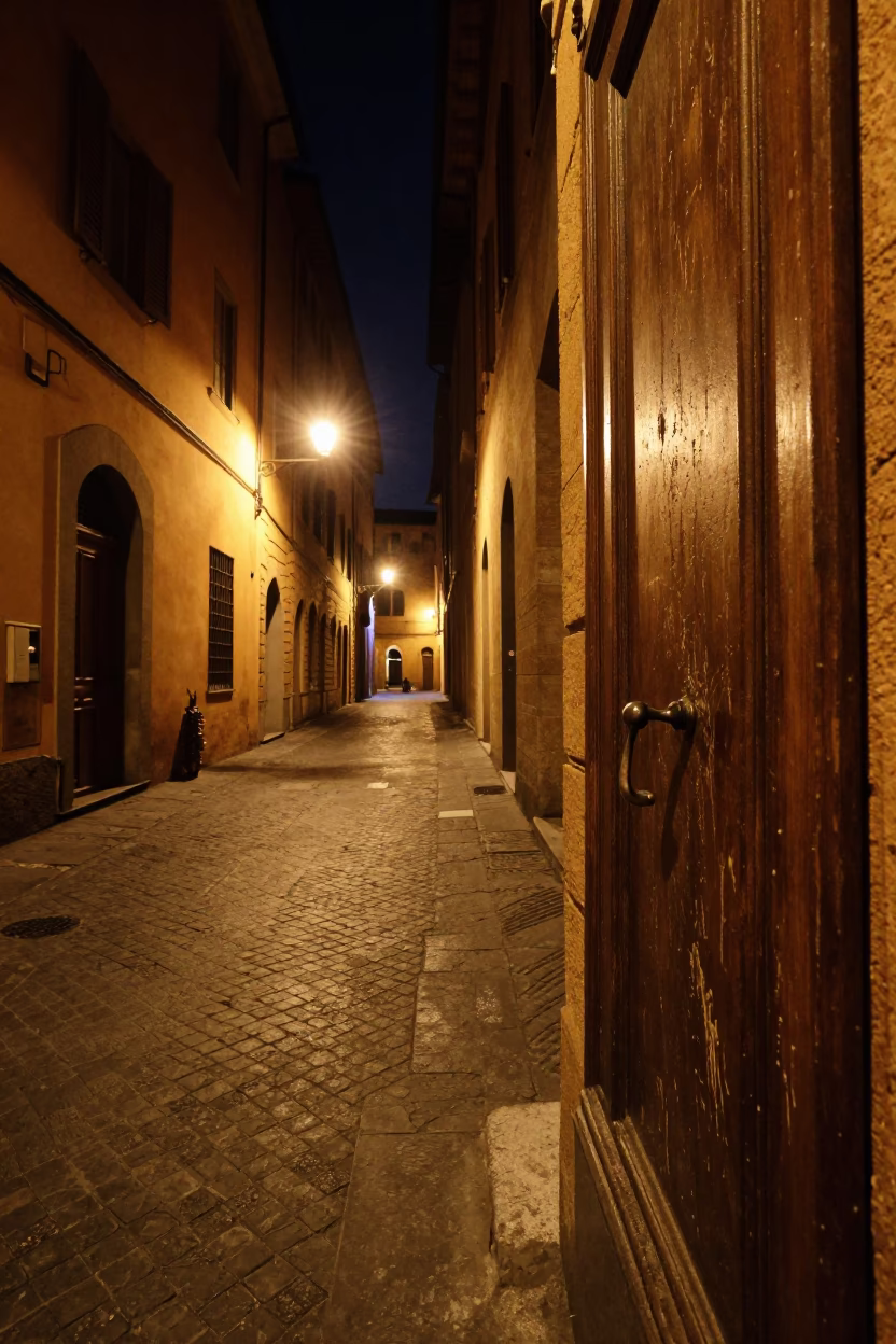 Late Night Bologna Street Scene with Door Handle and Stool in Historic Italian Alley in in Bologna, Italy