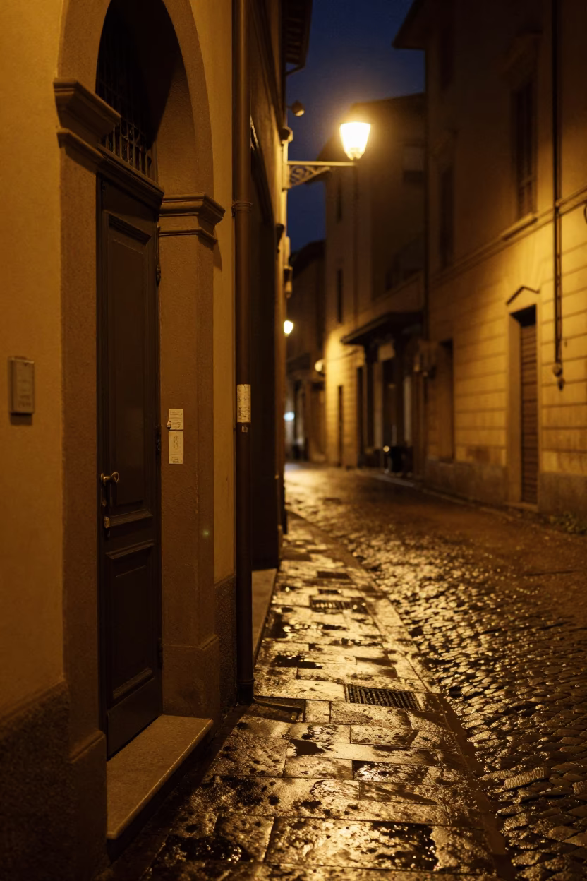 Late Night Bologna Street Scene with Door Latch and Fingerprint Details in in Bologna, Italy