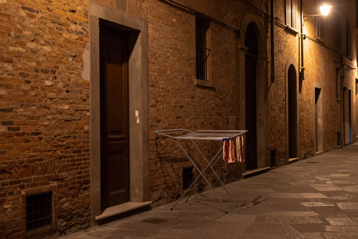 Late Night Bologna Street Scene with Drying Rack and Urban Architecture in in Bologna, Italy