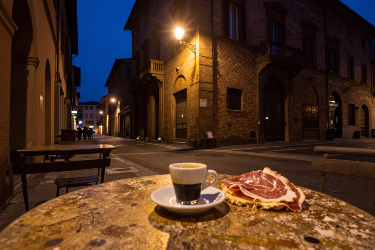 Late Night Bologna Street Scene with Espresso Cup and Urban Details in in Bologna, Italy