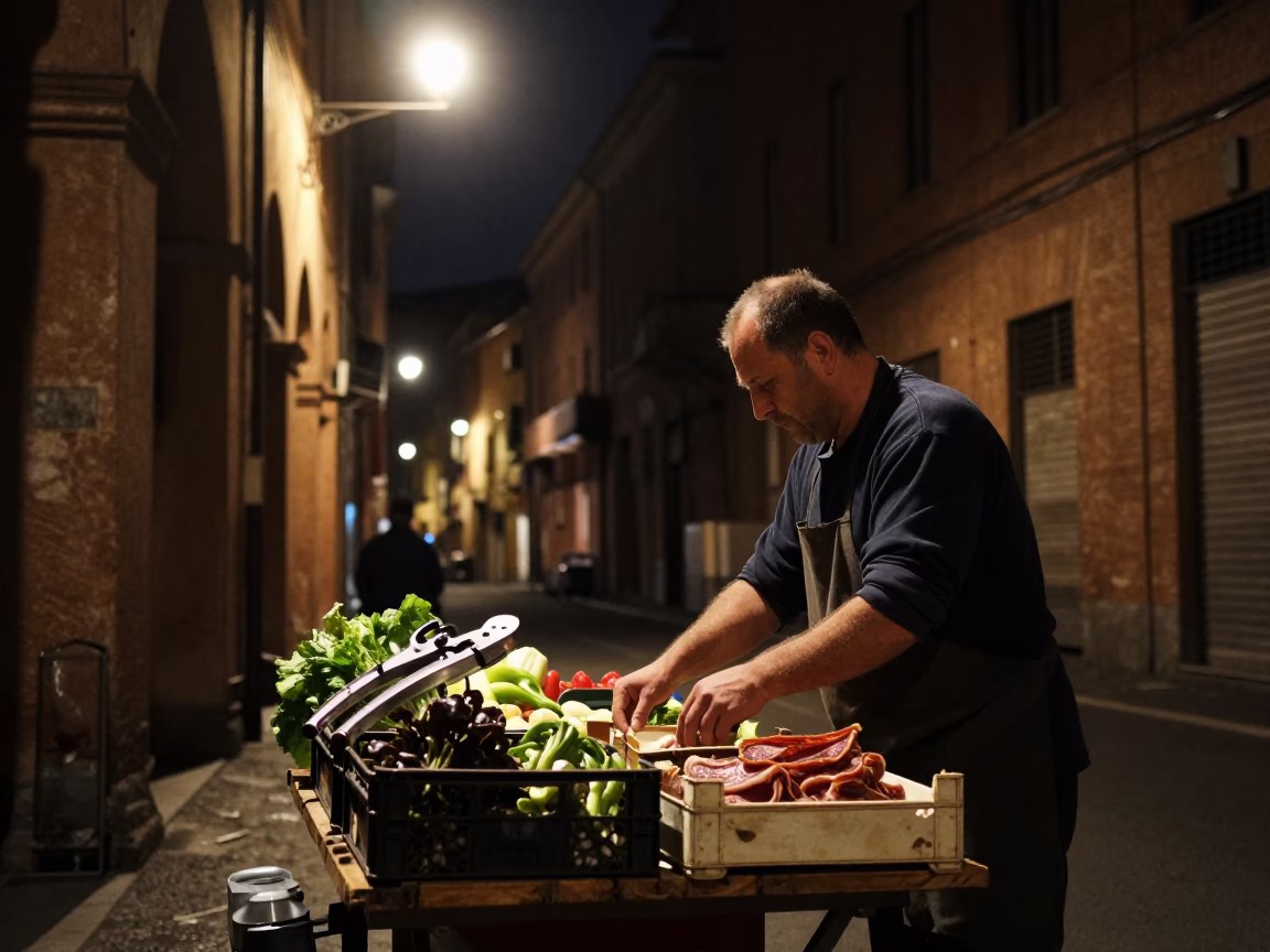 Late Night Bologna Street Scene with Garlic Press and Twine in Urban Night in in Bologna, Italy