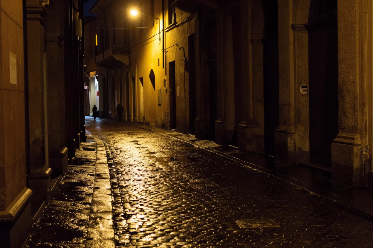 Late Night Bologna Street Scene with Grease Sheen on Vintage Scooter Handle in in Bologna, Italy