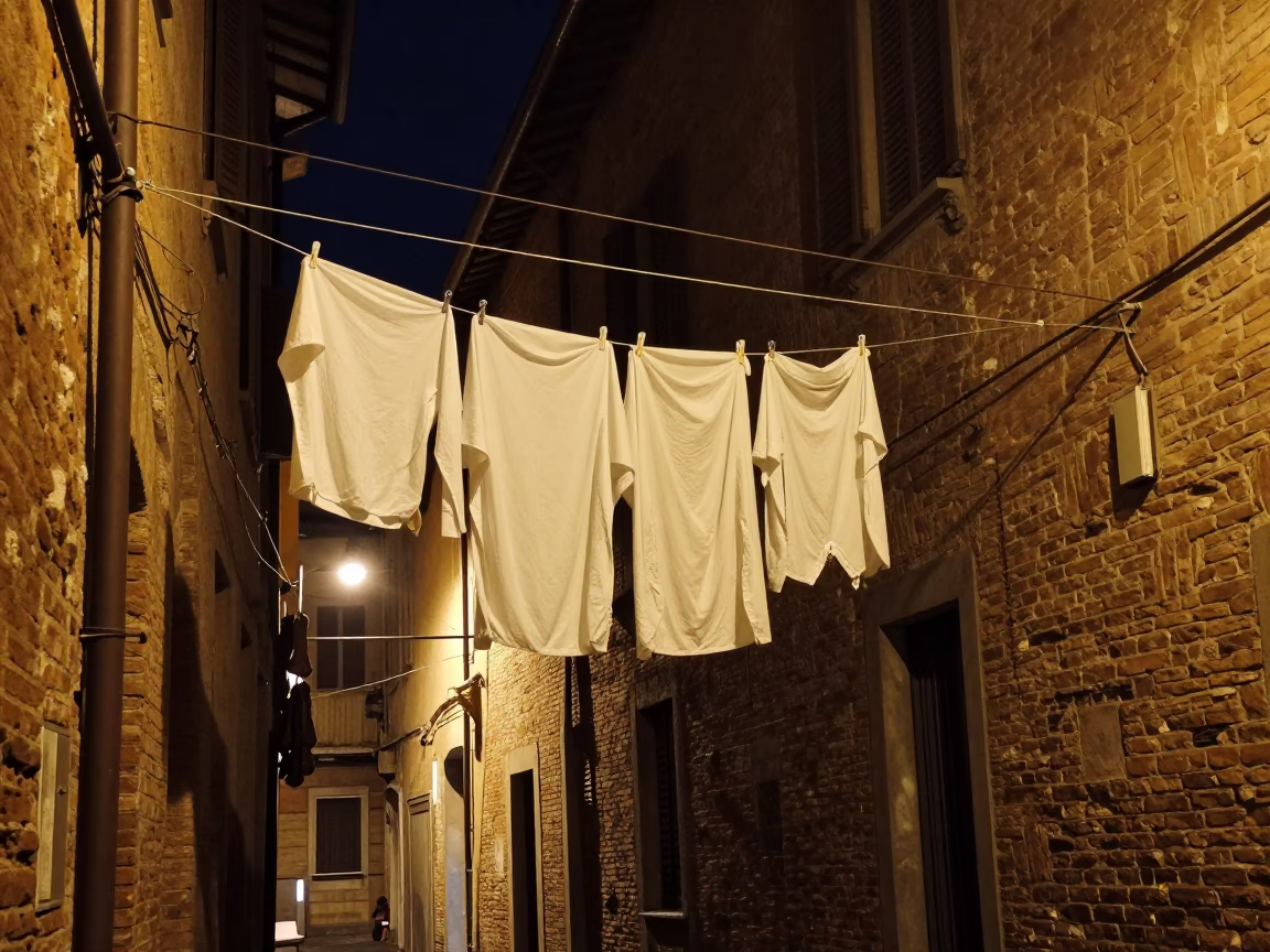 Late Night Bologna Street Scene with Hanging Laundry and Vintage Fashion Elements in in Bologna, Italy